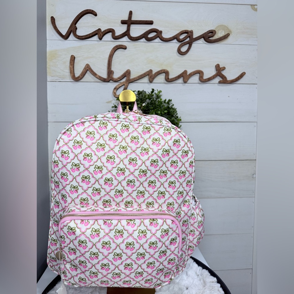 Kawaii Cherry Bow Diamond Pattern Backpack White‎ Pink Red 15”x12”x5” NWT